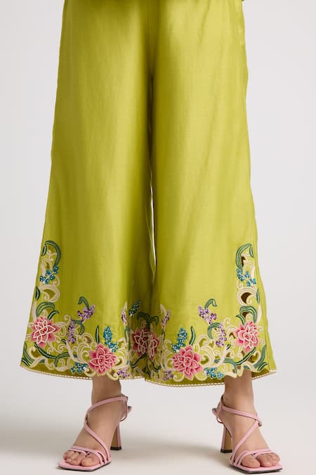 Chandrima_Green Chanderi, Cotton Embroidery, Beads Floral Cutwork Flared Pant _Online_at_Aza_Fashions