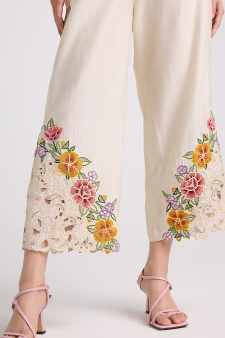 Chandrima_Ivory Chanderi, Cotton Embroidery, Beads Floral Cutwork Pant _Online_at_Aza_Fashions