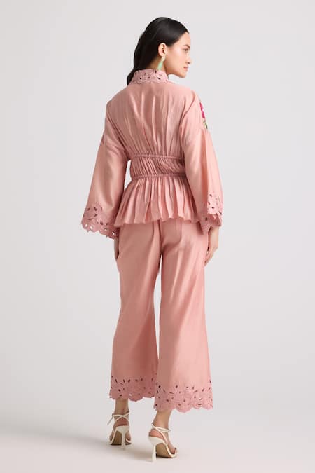 Shop Chandrima Pink Chanderi, Cotton Embroidery, Cut Work Floral Thread Pant at Aza Fashions Shop_Chandrima_Pink Chanderi, Cotton Embroidery, Cut Work Floral Thread Pant _at_Aza_Fashions