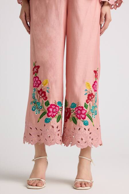 Chandrima Pink Chanderi, Cotton Embroidery, Cut Work Floral Thread Pant Online at Aza Fashions Chandrima_Pink Chanderi, Cotton Embroidery, Cut Work Floral Thread Pant _Online_at_Aza_Fashions