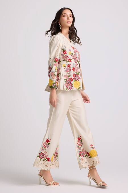 Chandrima Ivory Chanderi, Cotton Embroidery, Beads Floral Thread Work Bell Bottom Pant Online at Aza Fashions Chandrima_Ivory Chanderi, Cotton Embroidery, Beads Floral Thread Work Bell Bottom Pant _Online_at_Aza_Fashions