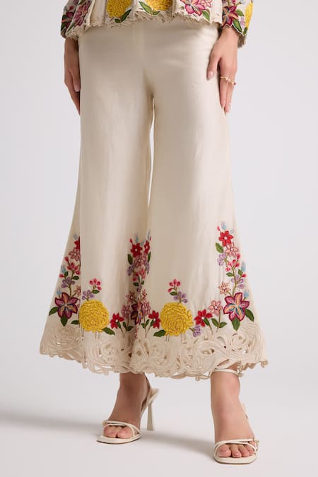 Buy Chandrima Ivory Chanderi, Cotton Embroidery, Beads Floral Thread Work Bell Bottom Pant Online at Aza Fashions Buy_Chandrima_Ivory Chanderi, Cotton Embroidery, Beads Floral Thread Work Bell Bottom Pant _Online_at_Aza_Fashions