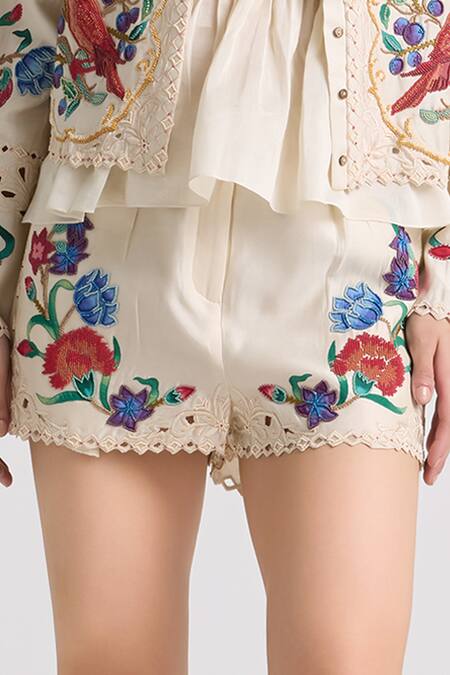 Chandrima_Ivory Chanderi, Linen Beads, Applique Floral Work Shorts _Online_at_Aza_Fashions
