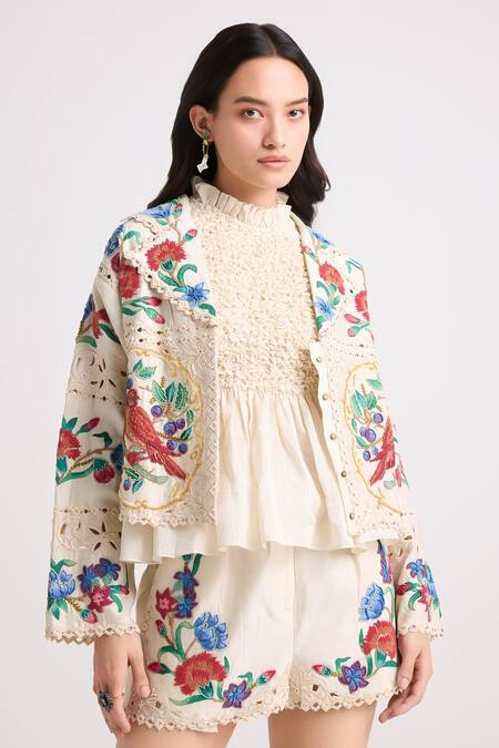 Buy_Chandrima_Ivory Chanderi, Linen Beads, Applique Floral Work Shorts _Online_at_Aza_Fashions