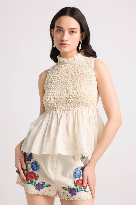 Chandrima_Ivory Chanderi, Linen Beads, Applique Floral Work Shorts _at_Aza_Fashions