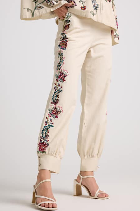 Shop Chandrima Ivory Cotton, Twill Embroidery, Beads Floral Utility Pant at Aza Fashions Shop_Chandrima_Ivory Cotton, Twill Embroidery, Beads Floral Utility Pant _at_Aza_Fashions