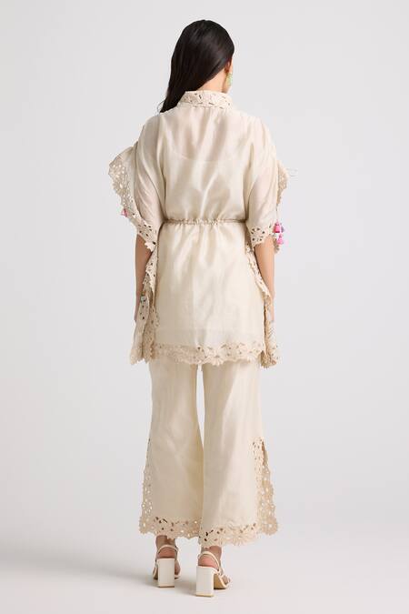 Shop_Chandrima_Ivory Chanderi Embroidered Cutwork Side Slit Pant _at_Aza_Fashions