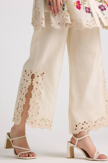 Chandrima_Ivory Chanderi Embroidered Cutwork Side Slit Pant _Online_at_Aza_Fashions