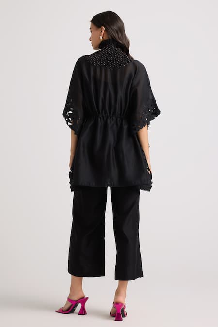 Shop Chandrima Black Chanderi, Cotton Embroidery, Cut Work, Beads Floral Applique Pant at Aza Fashions Shop_Chandrima_Black Chanderi, Cotton Embroidery, Cut Work, Beads Floral Applique Pant _at_Aza_Fashions