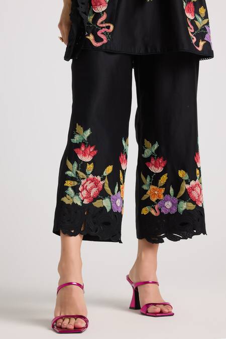 Chandrima Black Chanderi, Cotton Embroidery, Cut Work, Beads Floral Applique Pant Online at Aza Fashions Chandrima_Black Chanderi, Cotton Embroidery, Cut Work, Beads Floral Applique Pant _Online_at_Aza_Fashions
