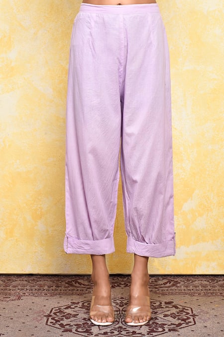 Adara Khan_Purple Cotton Collared Solid Neck Kurta And Pant Set _Online_at_Aza_Fashions