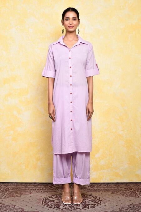 Buy_Adara Khan_Purple Cotton Collared Solid Neck Kurta And Pant Set _Online_at_Aza_Fashions
