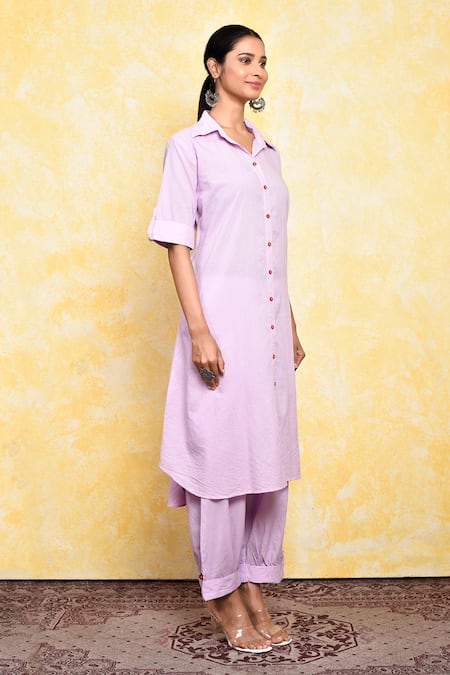 Adara Khan_Purple Cotton Collared Solid Neck Kurta And Pant Set _at_Aza_Fashions