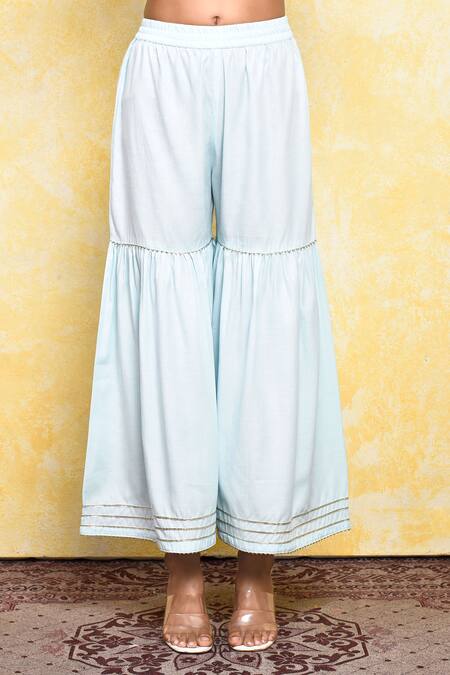 Khwaab By Sanjana Lakhani_Blue Shell And Lining Cotton Printed Floral V Kavya Yoke Kurta & Sharara Set_Online_at_Aza_Fashions