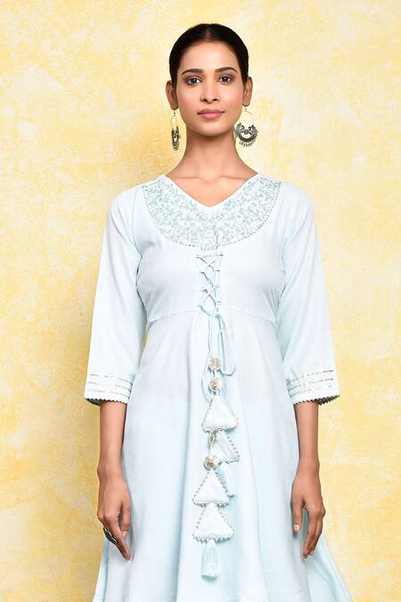 Shop_Khwaab By Sanjana Lakhani_Blue Shell And Lining Cotton Printed Floral V Kavya Yoke Kurta & Sharara Set_Online_at_Aza_Fashions