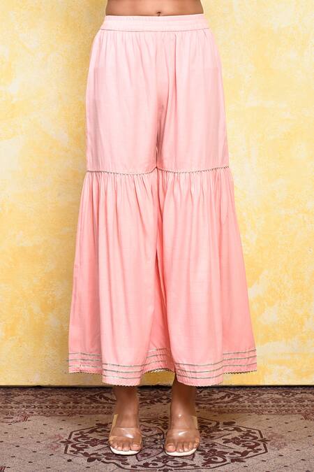 Khwaab By Sanjana Lakhani_Pink Shell And Lining Cotton Printed Floral V Kavya Yoke Kurta & Sharara Set_Online_at_Aza_Fashions