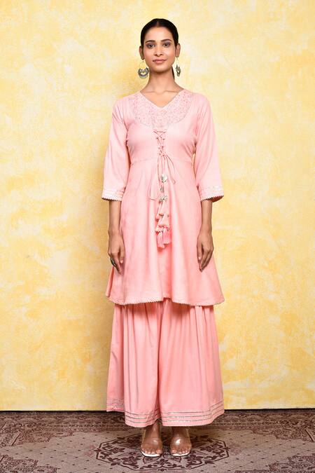 Buy_Khwaab By Sanjana Lakhani_Pink Shell And Lining Cotton Printed Floral V Kavya Yoke Kurta & Sharara Set_Online_at_Aza_Fashions