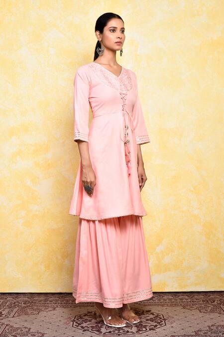 Khwaab By Sanjana Lakhani_Pink Shell And Lining Cotton Printed Floral V Kavya Yoke Kurta & Sharara Set_at_Aza_Fashions