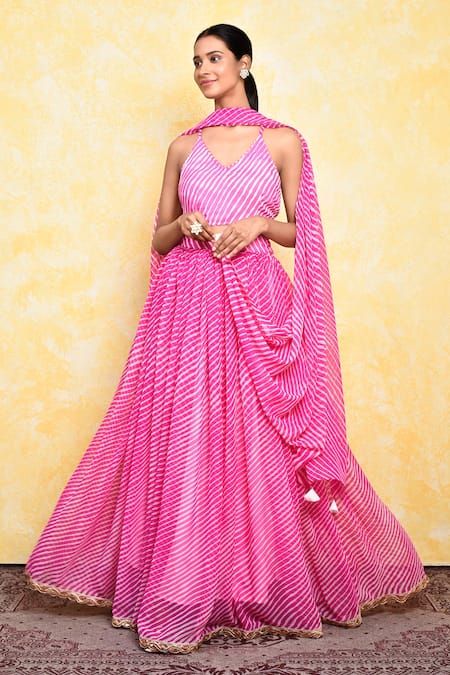 Khwaab by Sanjana Lakhani Pink Georgette Printed Leheriya V Neck Aurora Blouse Lehenga Set