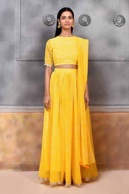 Buy_Samyukta Singhania_Yellow Georgette, Cotton Boat Illuminating Leheriya Print Blouse Lehenga Set_Online_at_Aza_Fashions