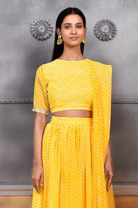 Shop_Samyukta Singhania_Yellow Georgette, Cotton Boat Illuminating Leheriya Print Blouse Lehenga Set_Online_at_Aza_Fashions
