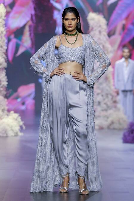 Shop_Nirmooha_Grey Modal, Satin Sequins, Beads Hand Embroidered Hem Pant _at_Aza_Fashions