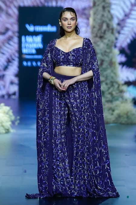 Shop_Nirmooha_Purple Crepe Cut Work, Sequins, Embroidery Sweetheart Neck Cutdana Bustier _at_Aza_Fashions