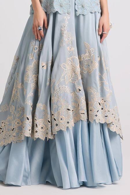 Buy_Chandrima_Blue Chanderi Embroidery, Cut Work Layered Lehenga _Online_at_Aza_Fashions