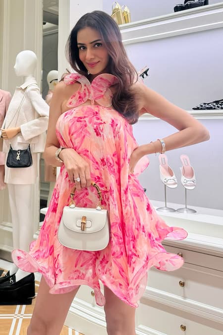 Shop Mandira Wirk Resort Pink Chiffon Halter Printed Dress Shop_Mandira Wirk Resort_Pink Chiffon Halter Printed Dress