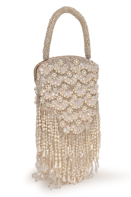 Beau Monde_Silver Crystal Ellipse Embellished Potli With Sling Chain _Online_at_Aza_Fashions