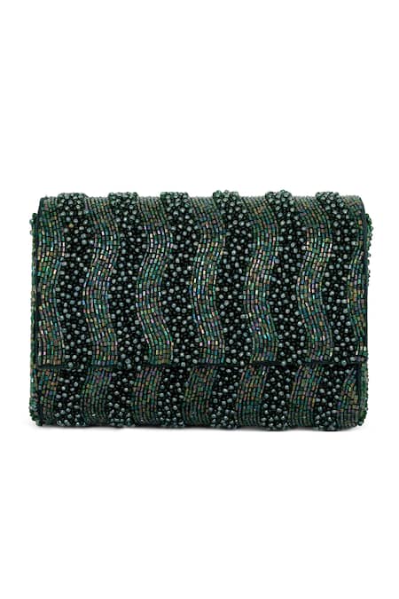 Beau Monde_Emerald Green Crystal Noor Embellished Clutch With Sling Chain _Online_at_Aza_Fashions