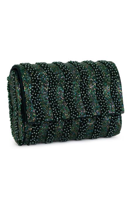 Buy_Beau Monde_Emerald Green Crystal Noor Embellished Clutch With Sling Chain _Online_at_Aza_Fashions