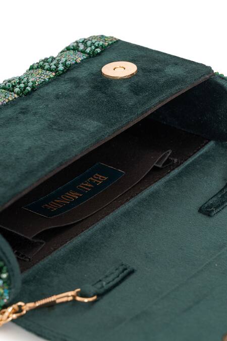 Shop_Beau Monde_Emerald Green Crystal Noor Embellished Clutch With Sling Chain _Online_at_Aza_Fashions
