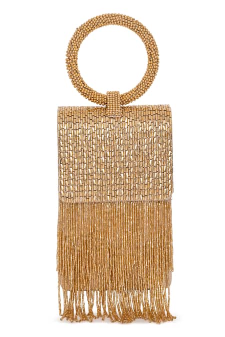 Beau Monde_Gold Crystal Nora Embellished Clutch With Sling Chain _Online_at_Aza_Fashions