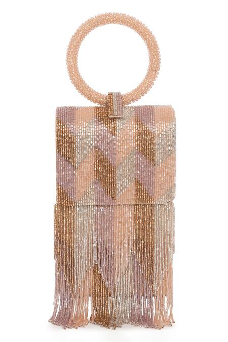 Beau Monde_Rose Gold Crystal Nora Embellished Clutch With Sling Chain _Online_at_Aza_Fashions