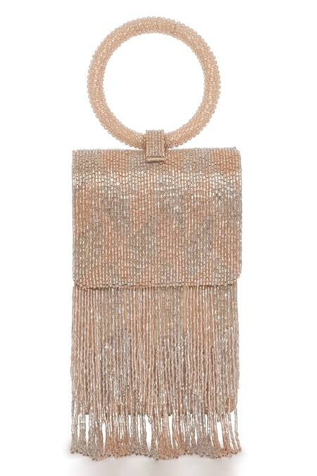 Beau Monde_Gold Crystal Nora Embellished Clutch With Sling Chain _Online_at_Aza_Fashions
