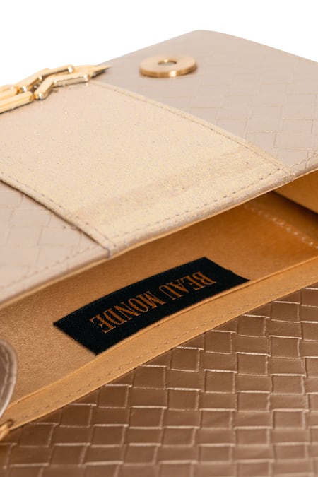 Beau Monde_Gold Metallic Thread Callie Embellished Clutch With Sling Chain _Online_at_Aza_Fashions