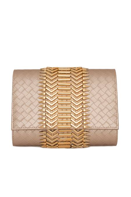 Buy_Beau Monde_Gold Metallic Thread Callie Embellished Clutch With Sling Chain _Online_at_Aza_Fashions