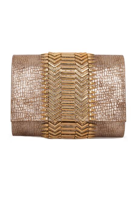 Beau Monde_Rose Gold Metal Stud Callie Embellished Clutch With Sling Chain _Online_at_Aza_Fashions