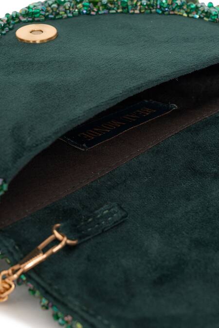 Beau Monde_Emerald Green Crystal Rose Embellished Clutch With Sling Chain _Online_at_Aza_Fashions