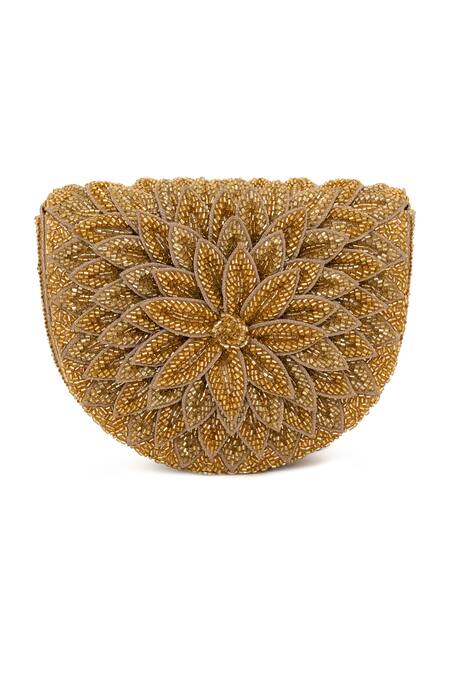 Beau Monde_Gold Crystal Rose Embellished Clutch With Sling Chain _Online_at_Aza_Fashions