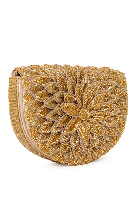 Buy_Beau Monde_Gold Crystal Rose Embellished Clutch With Sling Chain _Online_at_Aza_Fashions