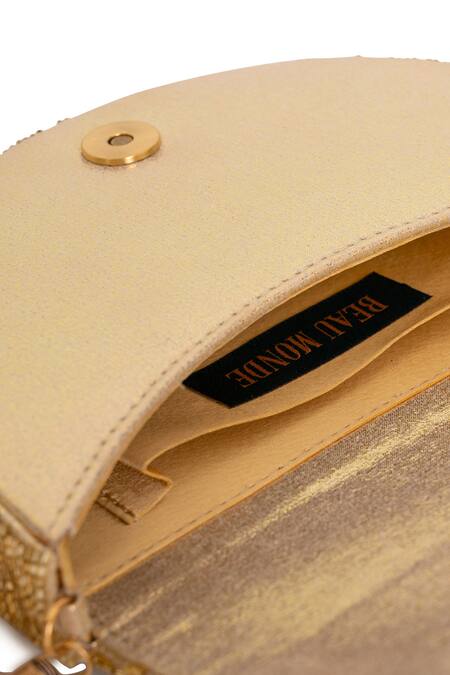 Shop_Beau Monde_Gold Crystal Rose Embellished Clutch With Sling Chain _Online_at_Aza_Fashions