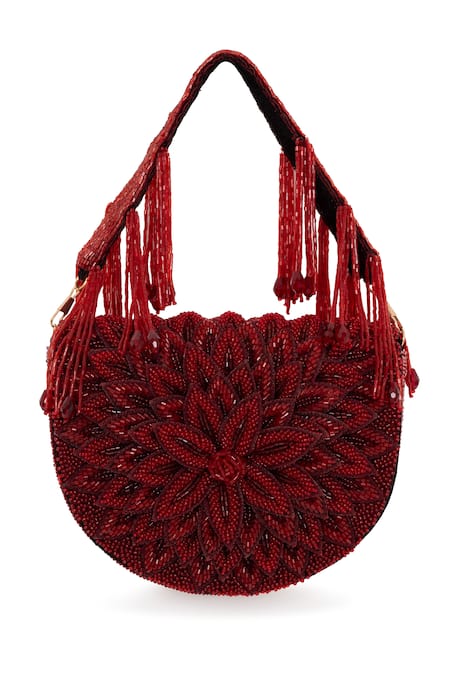 Beau Monde Red Crystal Rose Work Clutch With Sling Chain