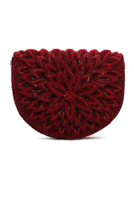 Beau Monde_Red Crystals, Beads Rose Work Clutch With Sling Chain _Online_at_Aza_Fashions
