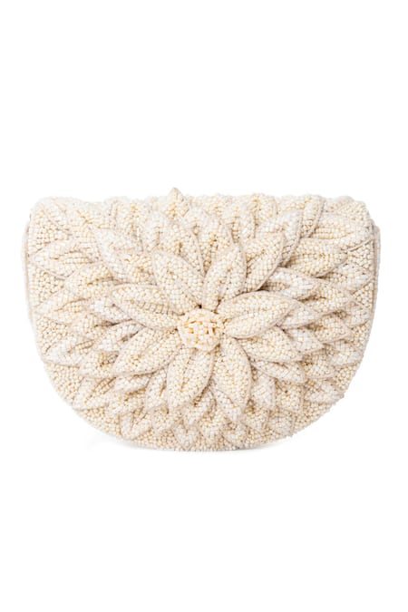 Beau Monde_Ivory Crystals, Beads Rose And Work Clutch With Sling Chain _Online_at_Aza_Fashions