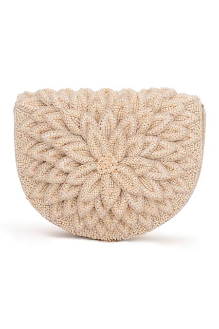 Buy_Beau Monde_Ivory Crystals, Beads Rose And Work Clutch With Sling Chain _Online_at_Aza_Fashions