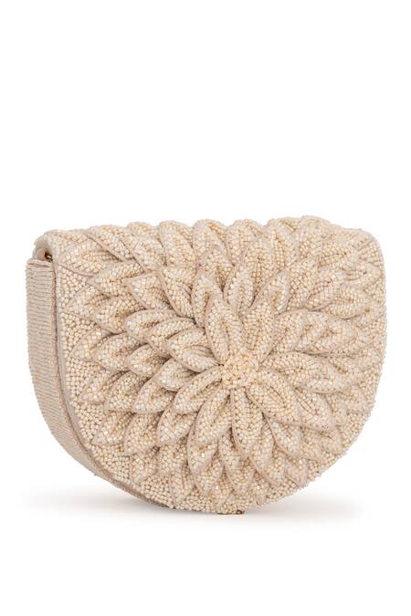 Shop_Beau Monde_Ivory Crystals, Beads Rose And Work Clutch With Sling Chain _Online_at_Aza_Fashions