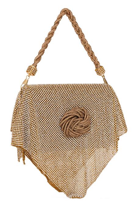 Beau Monde_Rose Gold Metallic Mesh Disco Embellished Clutch With Sling Chain _Online_at_Aza_Fashions
