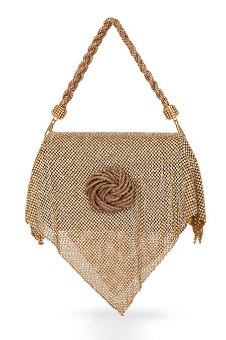 Buy_Beau Monde_Rose Gold Metallic Mesh Disco Embellished Clutch With Sling Chain _Online_at_Aza_Fashions